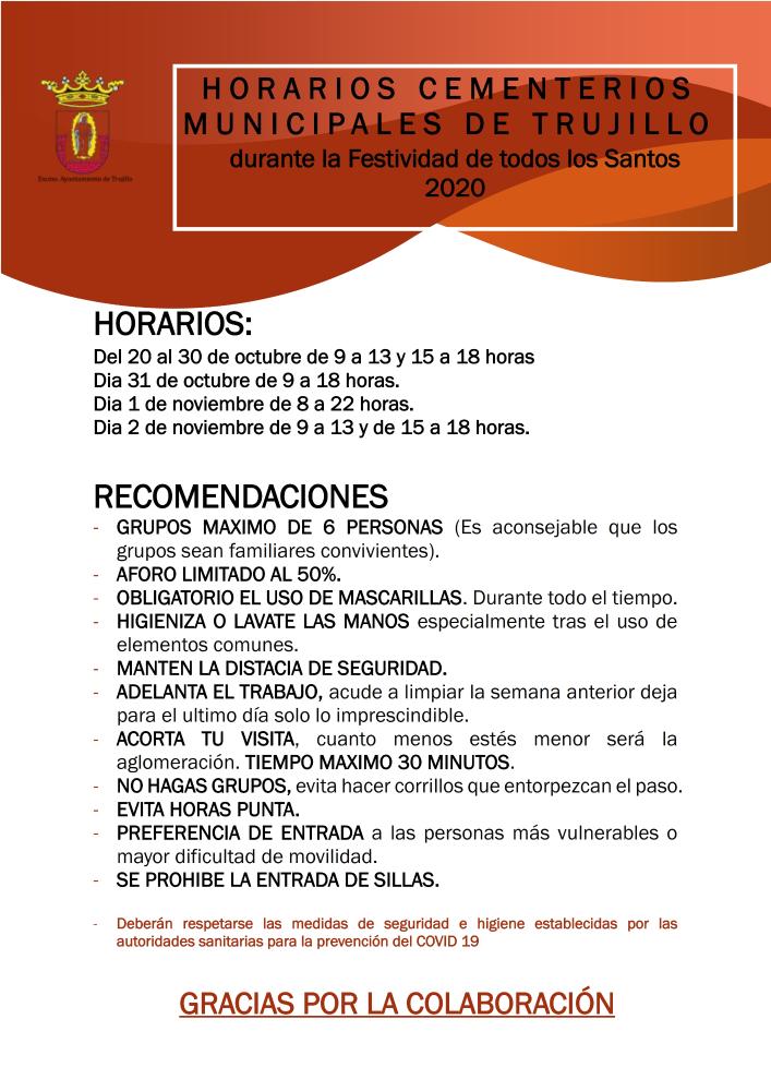 Imagen Horarios Cementerios Municipales de Trujillo Festividad de los Santos 2020